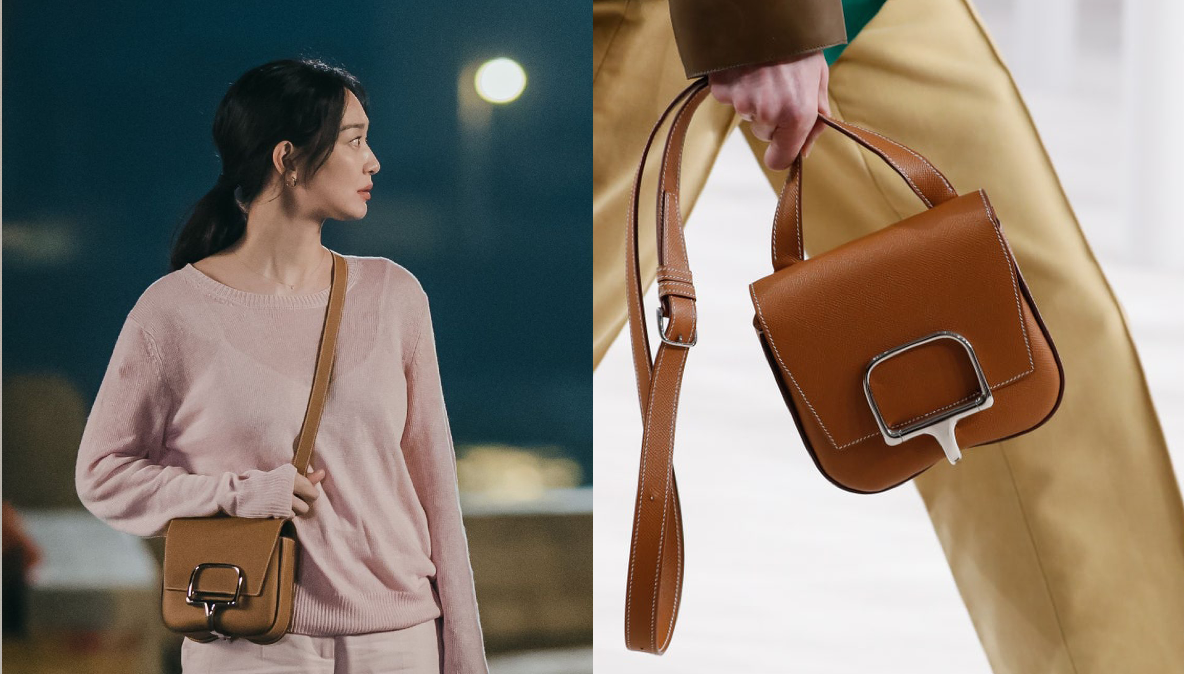 《海岸村恰恰恰》|申敏兒同款手袋:HERMÈS Della Cavalleria迷你包申敏兒在劇中多以悠閒造型出現,在休假時便穿上清新的黃白悠閒服,背起Hermès於2020秋冬推出的熱賣包款Dell